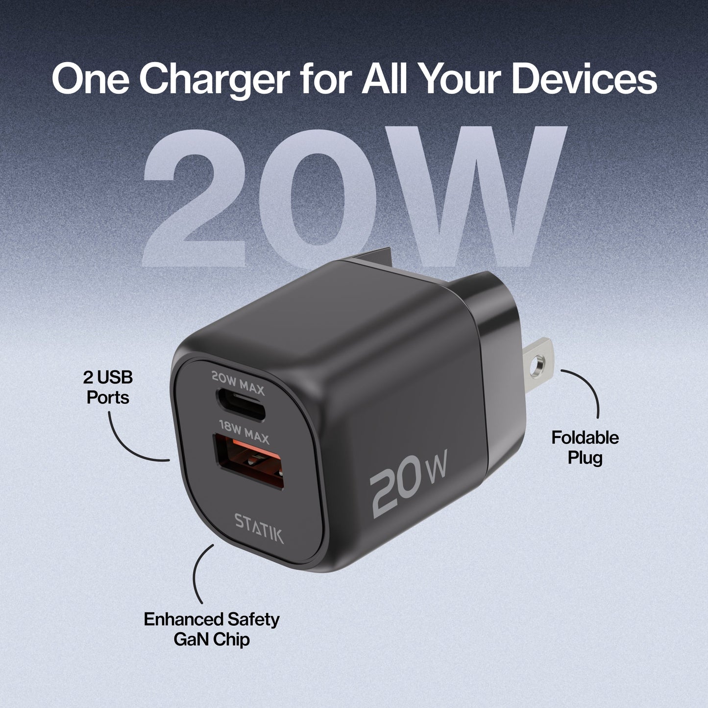 20W GaN Power Adapter | 2 Port Wall Charger | Universal & Compact