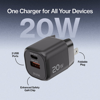 20W GaN Power Adapter | 2 Port Wall Charger | Universal & Compact