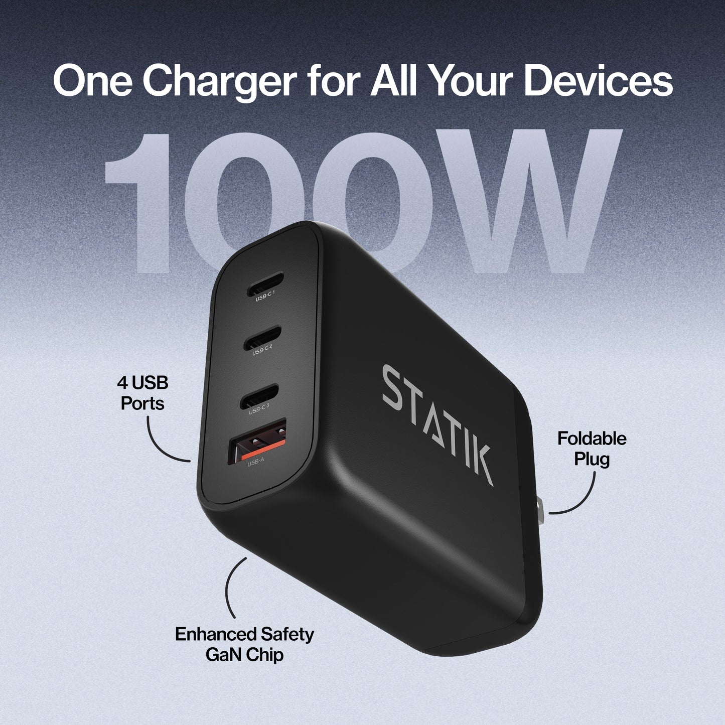 100W GaN Power Adapter | 4 Port Wall Charger | Universal & Compact