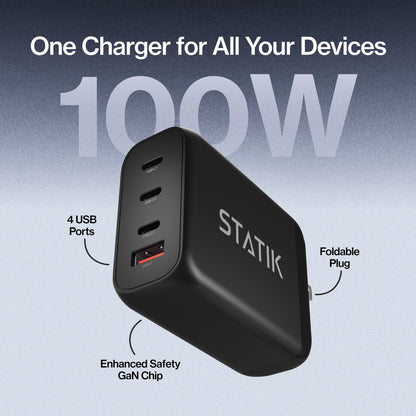 100W GaN Power Adapter | 4 Port Wall Charger | Universal & Compact