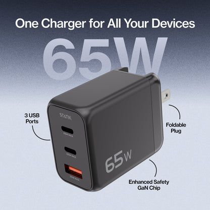 65W GaN Power Adapter | 3 Port Wall Charger | Universal & Compact