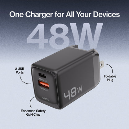 48W GaN Power Adapter | 2 Port Wall Charger | Universal & Compact