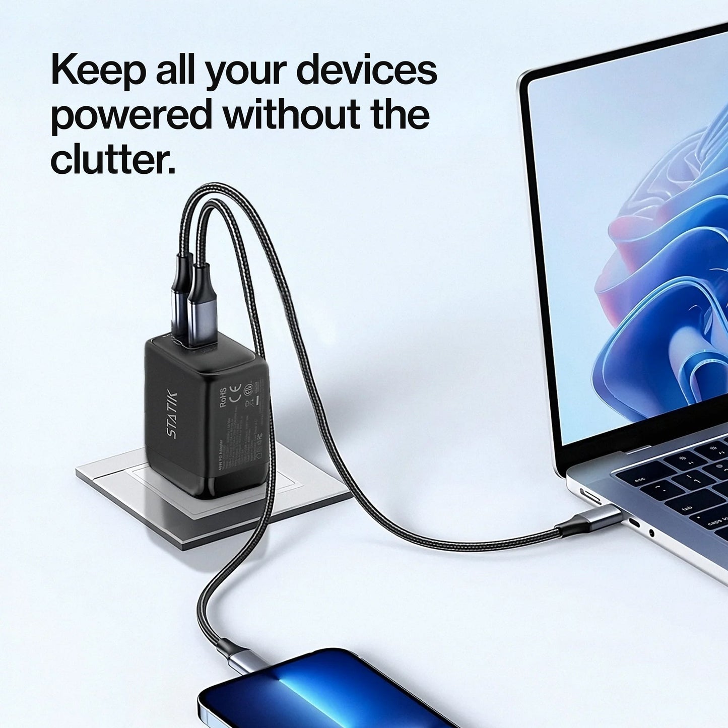 48W GaN Power Adapter | 2 Port Wall Charger | Universal & Compact