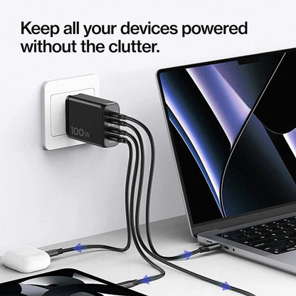 100W GaN Power Adapter | 4 Port Wall Charger | Universal & Compact
