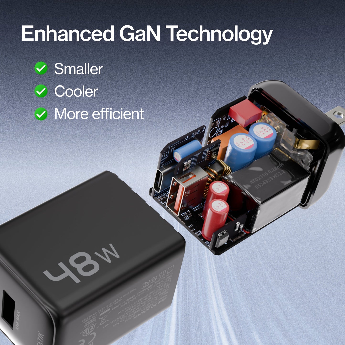 48W GaN Power Adapter | 2 Port Wall Charger | Universal & Compact