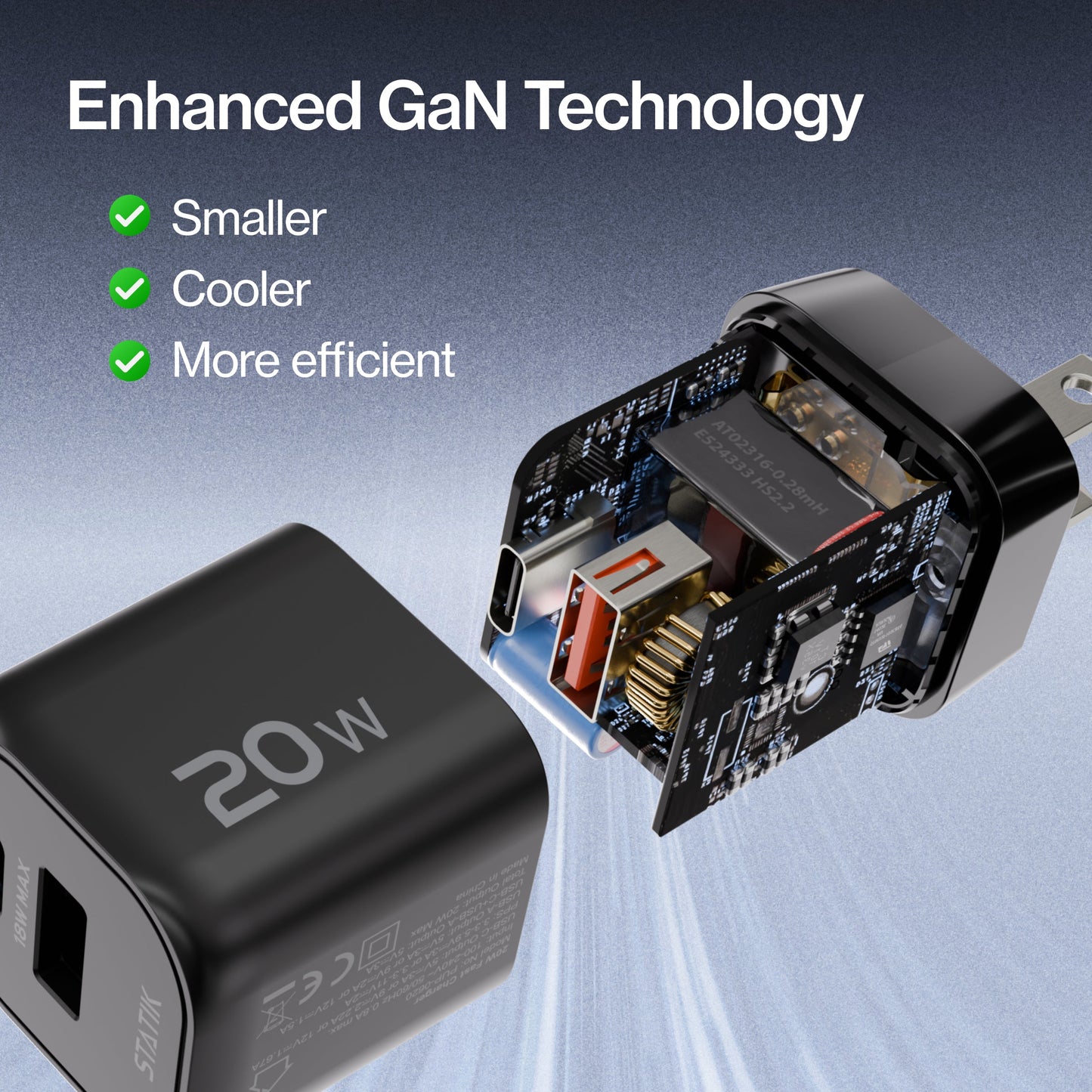 20W GaN Power Adapter | 2 Port Wall Charger | Universal & Compact